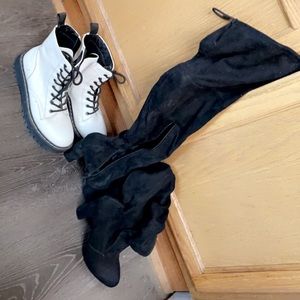 White DrMarten look-alikes and black knee high boots